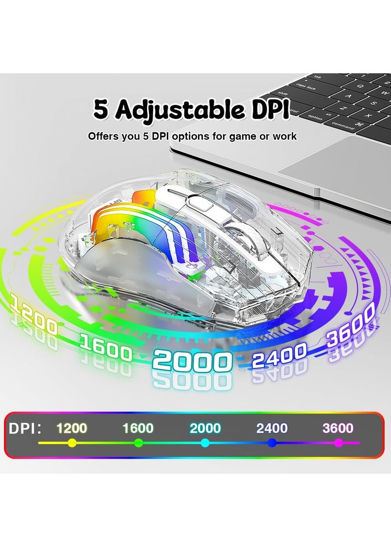 Wireless Gaming Mouse with Transparent Back Shell Tri-Mode 2.4G USB-C Bluetooth Silent Mouse with 5 DPI Levels 6 ons 11 Colorful RGB Lights Ergonomic Mouse for Laptop PC Mac Transparent - Image 3
